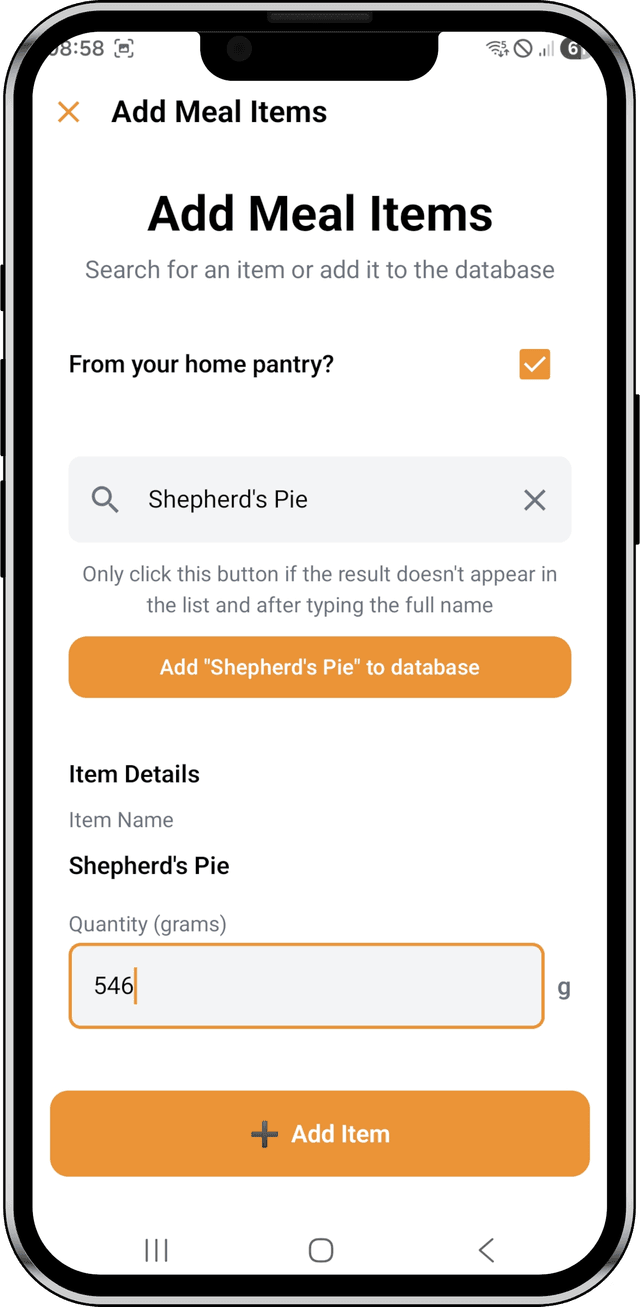 Eatomate meal logging interface showing search and weight entry
