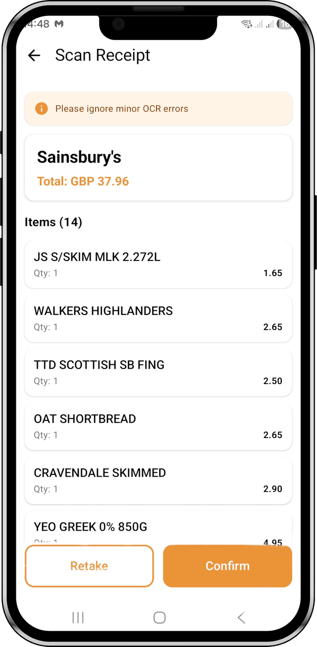 Eatomate receipt scanning interface showing auto-mapped items