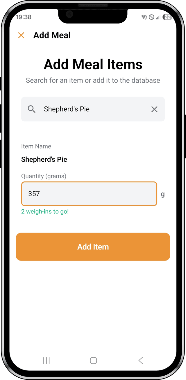 Eatomate meal logging interface showing search and weight entry