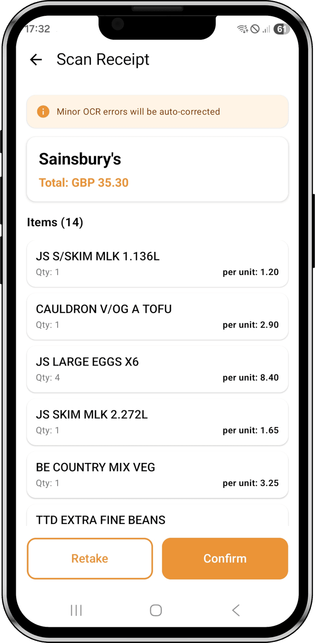 Eatomate receipt scanning interface showing auto-mapped items