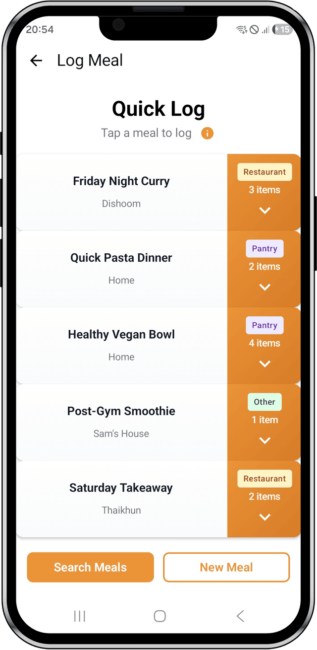 Eatomate Quick Log interface showing predicted meals